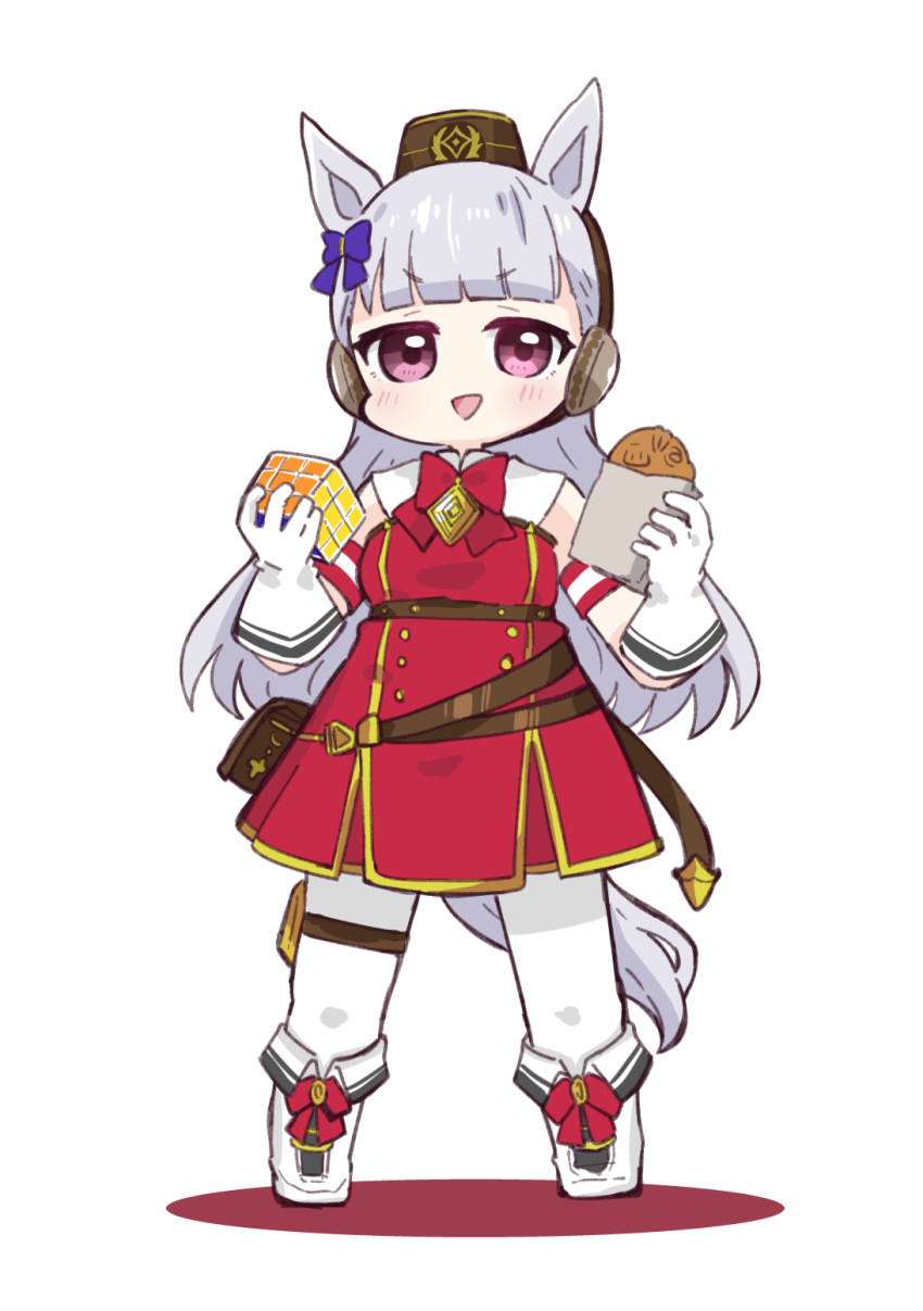 1girl :d animal_ears bangs bare_shoulders blunt_bangs blush boots bow brown_headwear chibi colored_shadow commentary_request dress ear_covers eyebrows_visible_through_hair food full_body gloves gold_ship_(umamusume) grey_hair hair_bow hat highres hitomiz holding holding_food horse_ears horse_girl horse_tail knee_boots long_hair looking_at_viewer mini_hat pantyhose purple_bow purple_eyes red_bow red_dress rubik's_cube shadow sleeveless sleeveless_dress smile solo standing tail taiyaki umamusume v-shaped_eyebrows very_long_hair wagashi white_background white_footwear white_gloves white_legwear