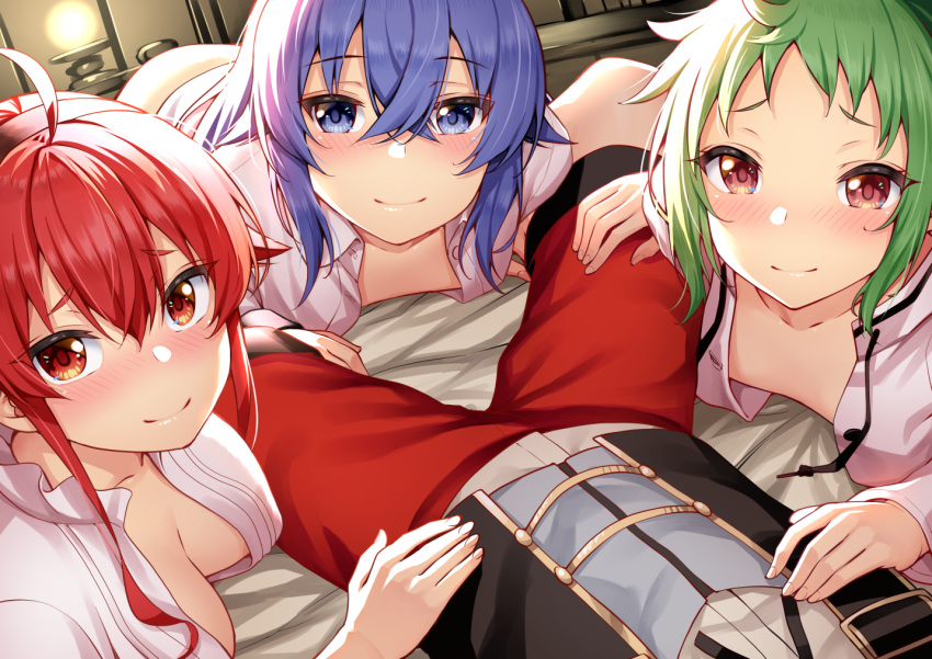 1boy 3girls ahoge bangs black_hairband black_vest blue_eyes blue_hair blush breasts brown_eyes cleavage closed_mouth collarbone commentary_request crossed_bangs drawstring elf eris_greyrat eyebrows_visible_through_hair green_hair hair_between_eyes hair_flaps hairband harem indoors long_hair long_sleeves looking_at_viewer lower_body lying medium_breasts multiple_girls mushoku_tensei on_back on_bed on_stomach open_clothes open_shirt pointy_ears pov red_eyes red_hair red_shorts roxy_migurdia rudeus_greyrat shirt short_eyebrows short_hair shorts sidelocks small_breasts smile sylphiette_(mushoku_tensei) takurowo thick_eyebrows upper_body vest white_shirt