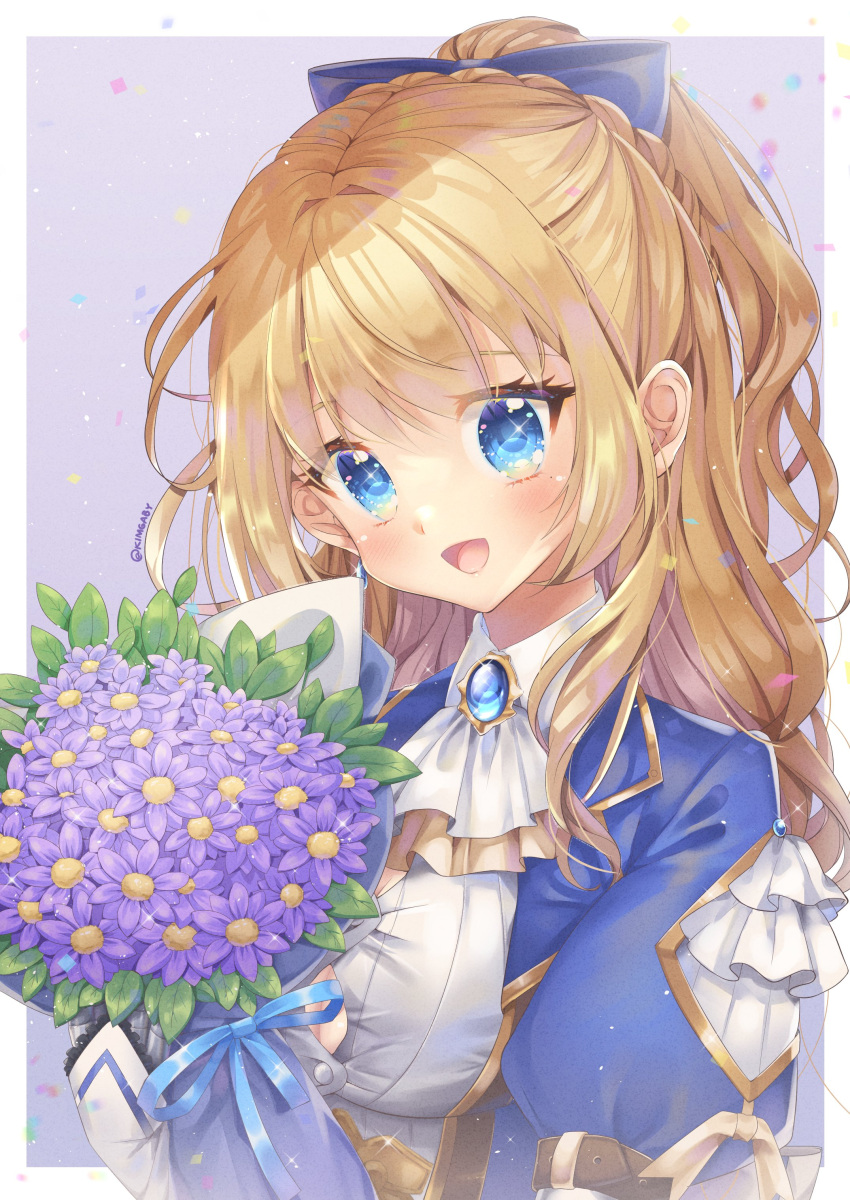 1girl absurdres ascot bangs blonde_hair blue_bow blue_eyes blush bouquet bow breasts english_commentary eyebrows_behind_hair flower hair_behind_ear hair_bow highres holding holding_bouquet juliet_sleeves kimgaby long_hair long_sleeves marica_bellerose mechanical_arms medium_breasts myholo_tv open_mouth ponytail puffy_sleeves purple_flower shiny single_mechanical_arm smile solo textless tied_hair virtual_youtuber white_neckwear