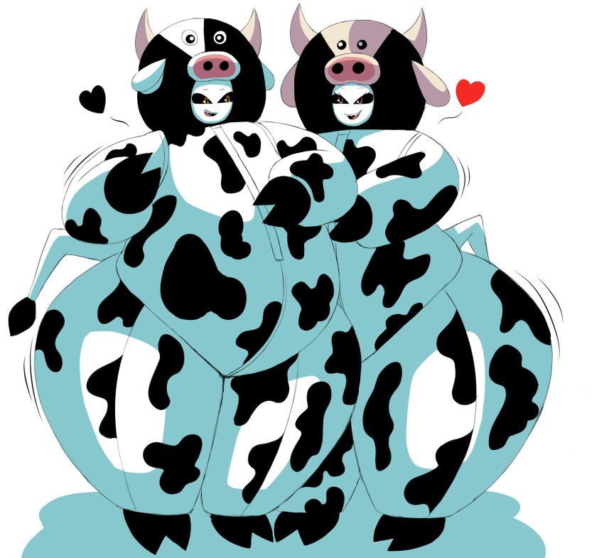 &lt;3 belly big_belly black_spots bovid bovine cattle clothing costume demon duo ears_down female hi_res hooves horn huge_thighs humanoid inflatable inflatable_fetish inflated_belly inflating inflation itisjoidok joid_(itisjoidok) jolyn_(itisjoidok) male male/female mammal multicolored_body open_mouth pivoted_ears sharp_teeth smile spots suit teeth thick_thighs two_tone_body white_body wide_hips