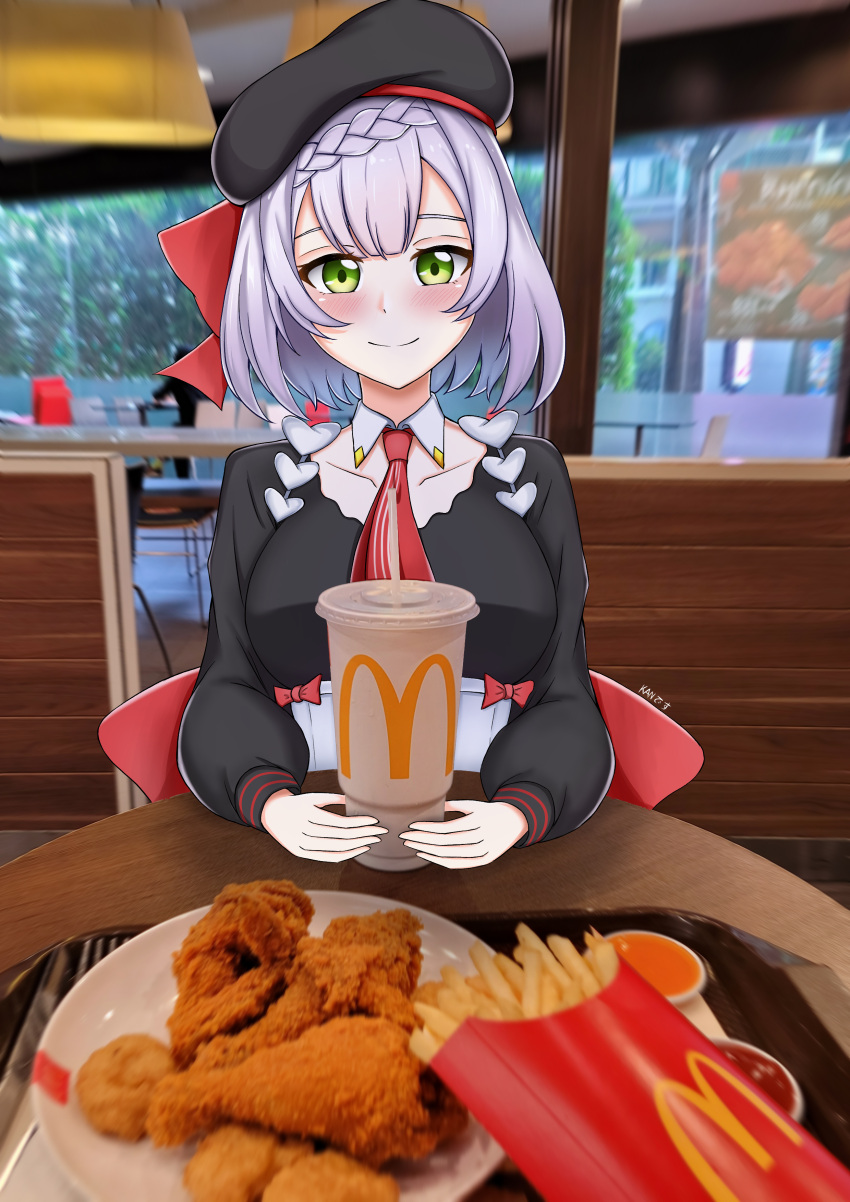 1girl absurdres artist_request blush braid cup drinking_straw employee_uniform fast_food fast_food_uniform food french_fries fried_chicken genshin_impact green_eyes highres kfc looking_at_viewer mcdonald's mixed_media noelle_(genshin_impact) photo_background plate smile solo table uniform white_hair