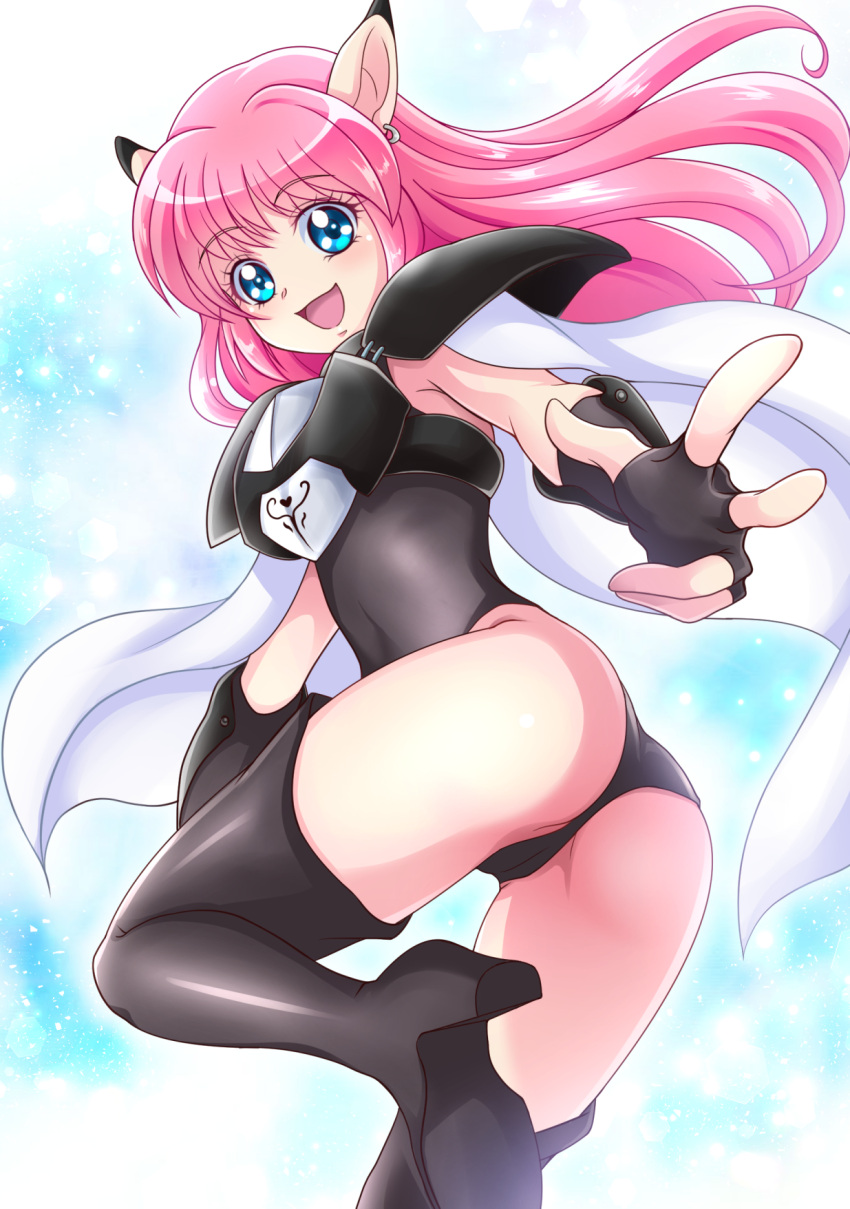 1girl :d armor armored_leotard ass black_armor black_footwear black_gloves black_leotard blue_eyes blush boots earrings fal_(phantasy_star) fingerless_gloves gloves hanzou highres hoop_earrings jewelry leotard long_hair looking_at_viewer open_mouth phantasy_star phantasy_star_iv pink_hair pointy_ears shoulder_armor smile solo thigh_boots thighhighs