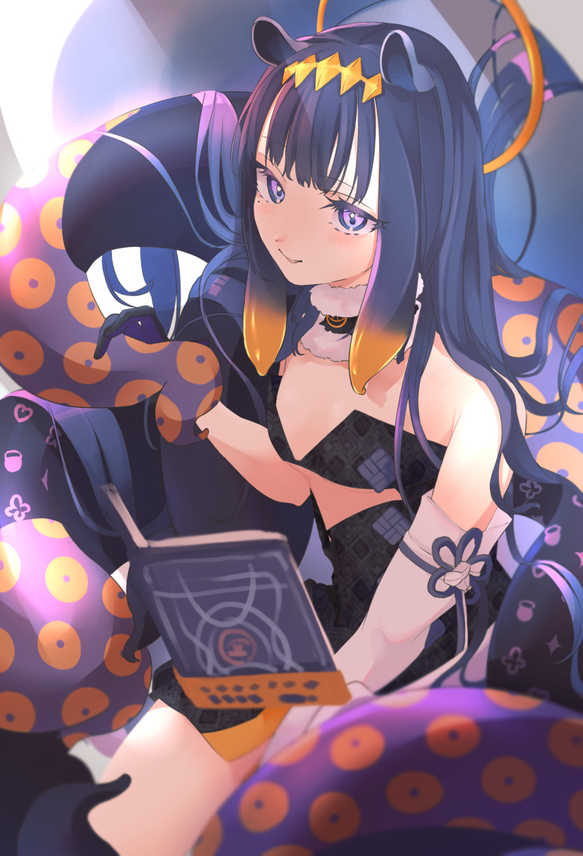 1girl bangs black_dress black_gloves black_hair book breasts detached_sleeves dress eyebrows_behind_hair gloves halo highres holding holding_book hololive hololive_english keisho_ryaku leaning_forward looking_at_viewer looking_up monogram ninomae_ina'nis purple_eyes single_detached_sleeve small_breasts smile solo tentacles virtual_youtuber