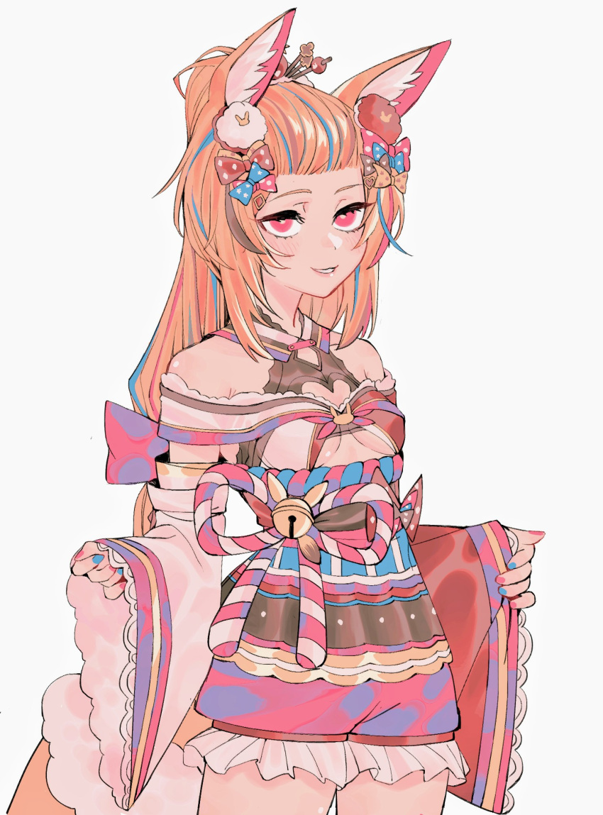animal_ears bangs_pinned_back bell blonde_hair blue_nails bow breasts detached_sleeves eyelashes eyeliner fox_ears fox_tail frilled_sleeves frills grin hair_bow hair_ornament half-closed_eyes high_ponytail highres hololive japanese_clothes jingle_bell kakult2017 kanzashi kimono lips long_hair looking_at_viewer makeup multicolored multicolored_hair multicolored_nails omaru_polka polka_dot polka_dot_bow red_eyes red_nails simple_background sleeves_past_wrists small_breasts smile streaked_hair tail thighs underboob very_long_hair white_background wide_sleeves