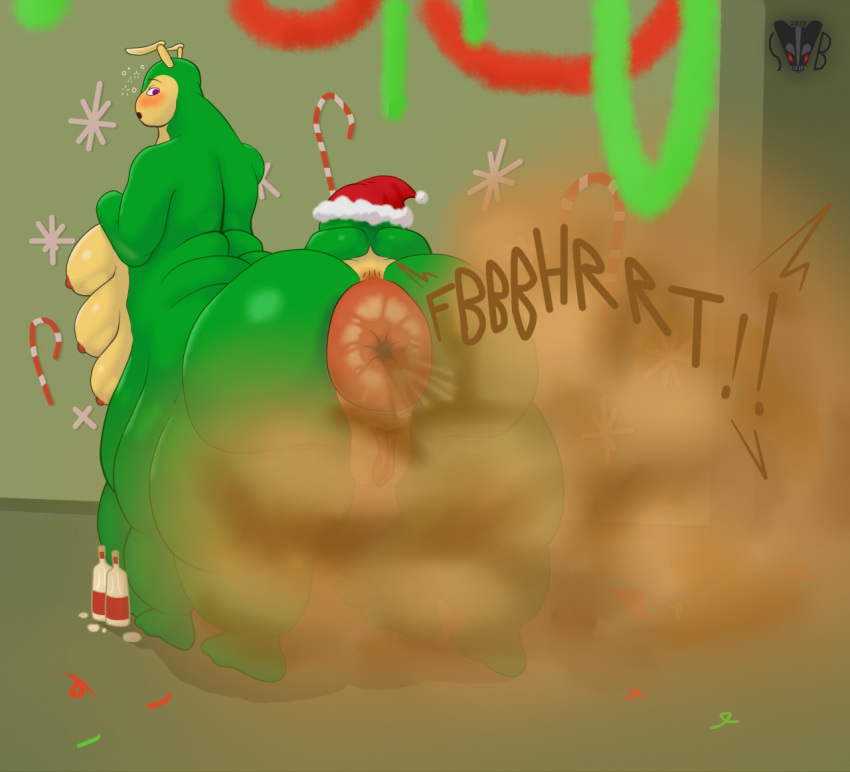 6_legs antennae_(anatomy) anthro anus arthropod big_butt breasts butt caterpillar christmas donut_anus drunk drunk_bubbles fart female holidays huge_butt hyper hyper_anus hyper_butt hyper_fart insect larva multi_breast shyra skunk_bunk solo substance_intoxication surprise taur worm