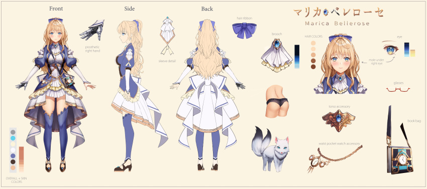 1girl absurdres ahoge ass bangs black_panties blonde_hair blue_dress blue_eyes blue_legwear blue_ribbon blush book bow braid brooch buttons character_name character_sheet clock collared_shirt color_guide crown_braid dress english_commentary fox frills from_behind from_side full_body gloves hair_ribbon highres jewelry logo long_hair long_sleeves looking_at_viewer lunacle marica_bellerose mechanical_hands metal mole mole_under_eye multiple_views myholo_tv official_art panties ponytail prosthetic_hand puffy_short_sleeves puffy_sleeves ribbon second-party_source shirt short_sleeves simple_background single_mechanical_hand smile standing strap thighhighs underwear virtual_youtuber white_background white_bow white_shirt