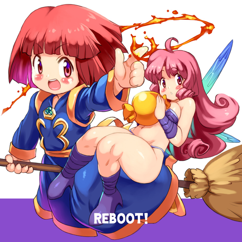 2girls :d bikini blue_dress blush breasts broom broom_riding chestnut_mouth cotton_(character) cotton_(game) curly_hair dress fire highres holding holding_broom large_breasts long_hair looking_at_viewer multiple_girls navel open_mouth pink_eyes pink_hair pointing purple_bikini pyrokinesis red_hair shiny shiny_skin short_hair silk_(cotton) smile swimsuit thick_thighs thighs yu_3