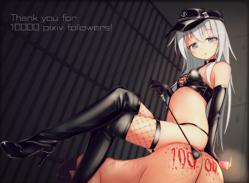 1boy 1girl bdsm black_footwear black_gloves black_headwear black_panties blue_eyes blue_hair blush boots breasts clothed_female_nude_male commentary_request crossed_legs dominatrix elbow_gloves english_text eyebrows_visible_through_hair femdom fishnet_legwear fishnets gloves hibiki_(kancolle) high_heel_boots high_heels highres holding holding_candle holding_whip kantai_collection katsuten latex latex_boots latex_gloves latex_panties latex_top lattice long_hair looking_down navel nude panties sitting sitting_on_person small_breasts thank_you thigh_boots thighhighs underwear wax whip