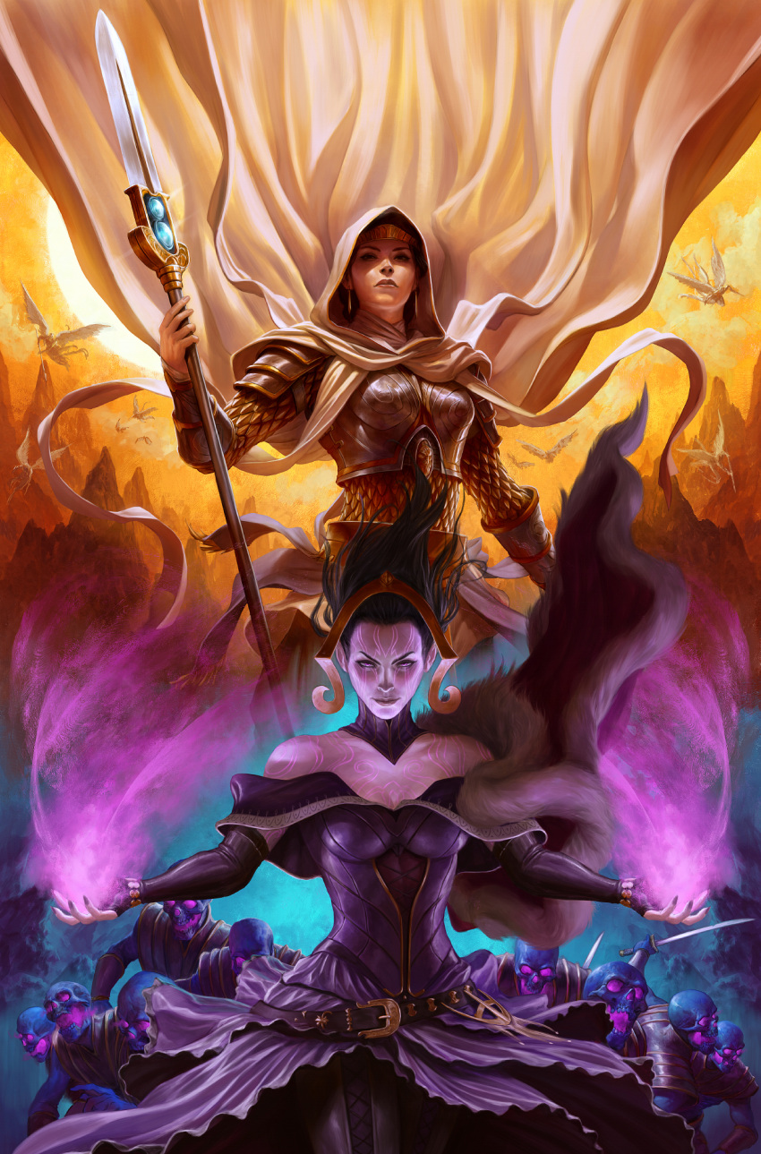 2girls armor capelet colored_skin comic_cover cover cover_page dave_rapoza detached_collar dress earrings elspeth_tirel english_commentary fantasy floating_hair flying fur_capelet glowing glowing_eyes gold_headband highres holding holding_lance holding_polearm holding_weapon hood jewelry knight lance liliana_vess looking_at_viewer magic:_the_gathering multiple_girls off-shoulder_dress off_shoulder official_art open_hands open_mouth polearm purple_dress purple_eyes purple_hair purple_skin realistic skeleton weapon wings