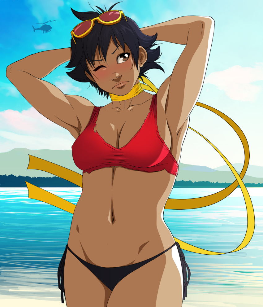 1girl abs aircraft arms_behind_head beach bikini blush breasts choker cleavage exmile eyewear_on_head helicopter highres lake looking_to_the_side makoto_(street_fighter) midriff muscular muscular_female navel ribbon_choker short_hair spiked_hair street_fighter sunlight swimsuit thick_thighs thighs yellow_choker