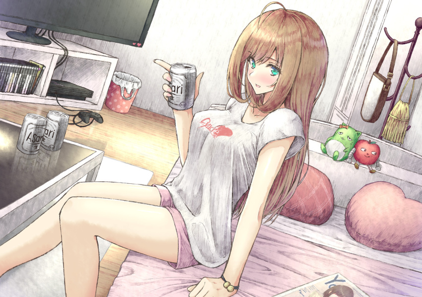 1girl :d aramachi bangs bedroom beer_can blush bracelet brown_hair cabinet can coffee_table commentary cowlick eyebrows_visible_through_hair game_console green_eyes heart highres holding holding_can idolmaster idolmaster_cinderella_girls indoors jewelry long_hair looking_at_viewer magazine on_bed open_mouth pillow pink_shorts playstation_2 room rug satou_shin shirt short_sleeves shorts sidelocks sitting sitting_on_bed smile solo stuffed_toy television trash_can v-neck white_shirt wooden_floor