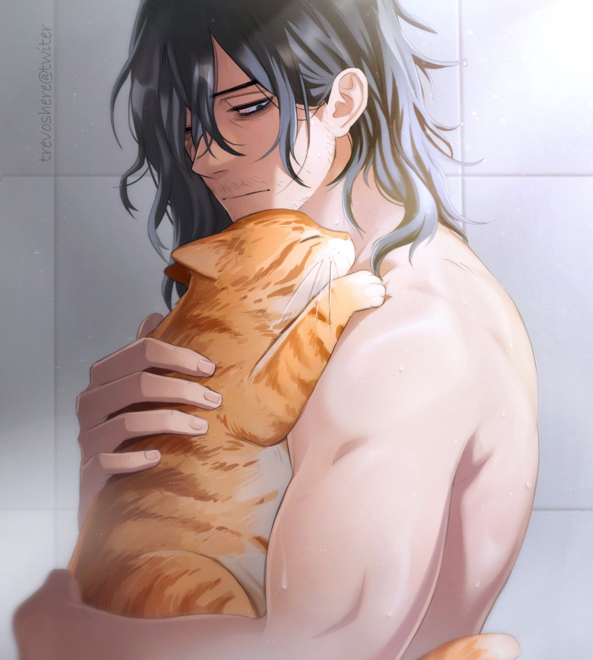 1boy aizawa_shouta animal artist_name bangs black_hair blue_eyes boku_no_hero_academia cat closed_mouth english_commentary facial_hair from_side hair_between_eyes half-closed_eye highres holding holding_animal holding_cat male_focus medium_hair messy_hair nude one_eye_closed shiny shiny_skin spoilers stubble sushi_(boku_no_hero_academia) tile_wall tiles trevo_(trevoshere) upper_body