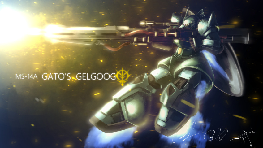 character_name dated firing from_side gelgoog_anavel_gato_custom gun gundam gundam_0083 holding holding_gun holding_weapon mecha mobile_suit no_humans one-eyed red_eyes science_fiction serike_w signature solo weapon zeon