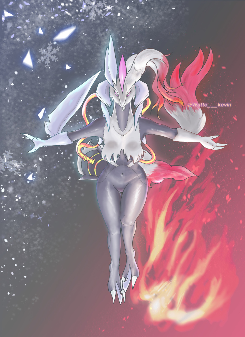 3_fingers anthro asymmetry breasts claws dragon fan_character female fingers fire fur grey_background grey_body grey_skin hair half-closed_eyes hi_res ice kyurem legendary_pok&eacute;mon long_neck looking_at_viewer narrowed_eyes navel nintendo pok&eacute;mon pok&eacute;mon_(species) purple_eyes raised_arm shirokyure_(watte) simple_background smile solo video_games watte white_kyurem