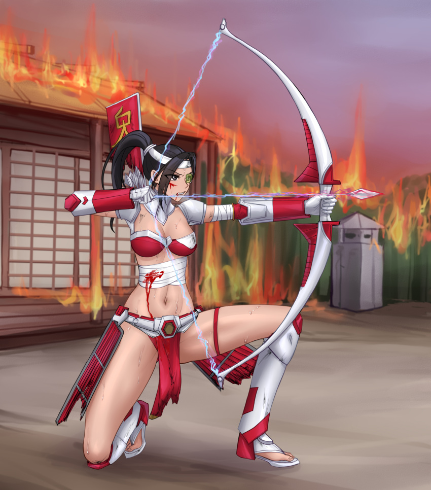 1girl absurdres aiming armor armored_legwear arrow_(projectile) bandaged_arm bandages bangs bikini_armor black_eyes black_hair blood blood_from_mouth blood_on_face blood_stain bow_(weapon) breasts broken_armor character_request chinese_commentary cleavage clenched_teeth commentary_request copyright_request electricity fire full_body gauntlets groin headband highres holding holding_bow_(weapon) holding_weapon house injury japanese_armor kusazuri long_hair medium_breasts midriff navel one_knee outdoors parted_bangs pelvic_curtain ponytail quiver red_armor sandals scouter shoulder_armor solo stone_lantern sweat teeth torn_clothes visor_(armor) weapon white_headband white_legwear yeklsa