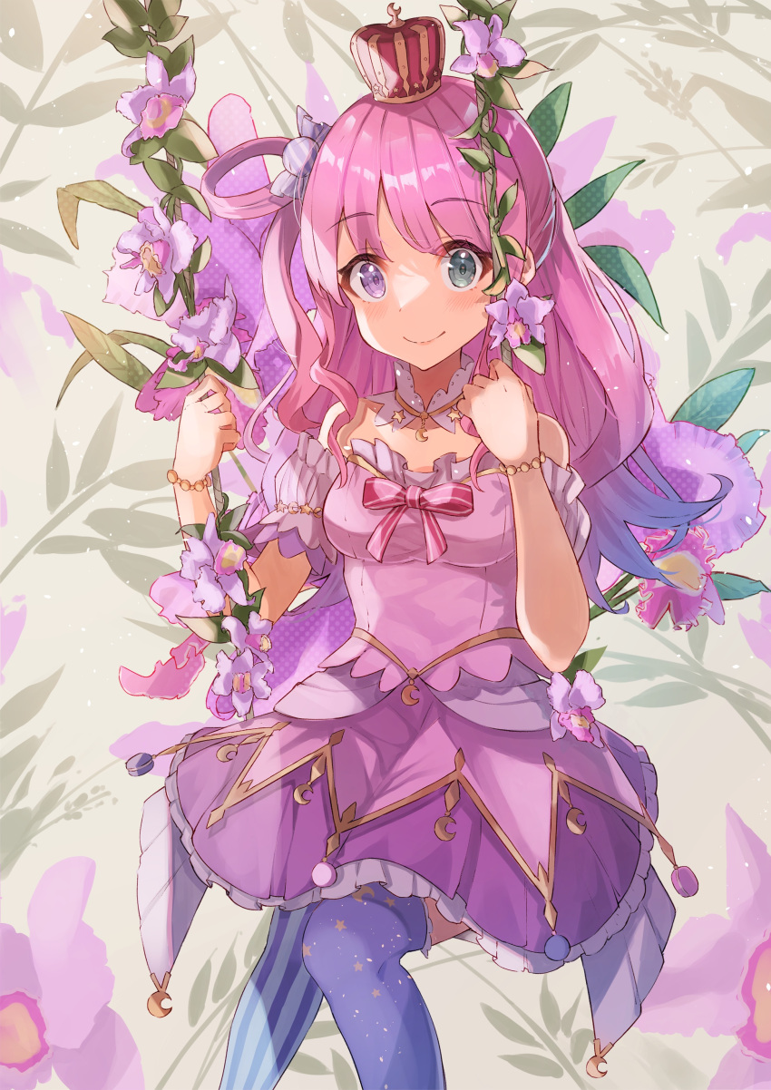 1girl absurdres asymmetrical_legwear bangs bare_shoulders blush breasts candy_hair_ornament collar crown dress eyebrows_visible_through_hair flower food food_themed_hair_ornament frilled_collar frilled_dress frills gradient_hair green_eyes hair_ornament hair_rings haru_yu heterochromia highres himemori_luna hololive ivy jewelry long_hair looking_at_viewer macaron mini_crown multicolored_hair off-shoulder_dress off_shoulder one_side_up pink_eyes pink_hair princess puffy_short_sleeves puffy_sleeves purple_eyes ribbon short_sleeves solo striped striped_legwear swing thighhighs virtual_youtuber wavy_hair