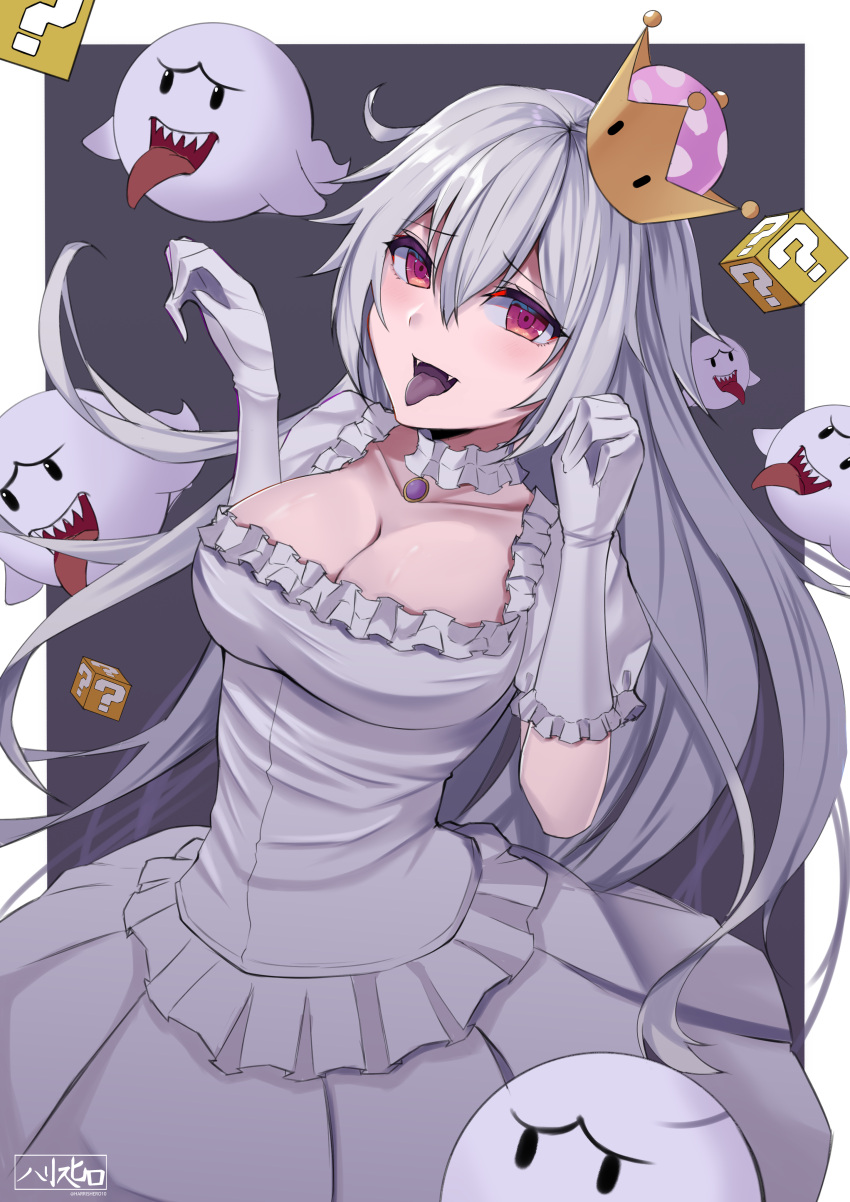 1girl absurdres artist_name blush breasts cleavage crown dress elbow_gloves eyebrows_visible_through_hair fangs gloves hands_up harris_hero highres large_breasts long_hair looking_at_viewer luigi's_mansion mario_(series) mini_crown new_super_mario_bros._u_deluxe open_mouth paw_pose princess_king_boo red_eyes sharp_teeth silver_hair simple_background solo super_crown teeth tongue tongue_out white_dress white_gloves