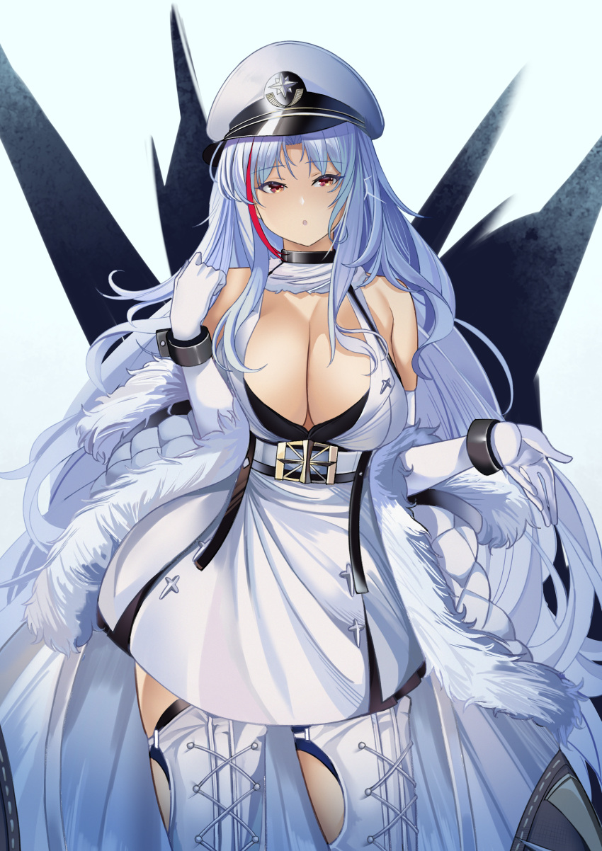 1girl absurdres azur_lane belt boots breasts brown_eyes cleavage coat dress elbow_gloves eyebrows_visible_through_hair fur gloves hand_up hat highres huge_filesize large_breasts long_hair looking_at_viewer military_hat multicolored_hair northern_parliament_(emblem) silver_hair simple_background solo standing tallinn_(azur_lane) thigh_boots thighhighs tnr_(horiko1525) white_coat white_dress white_footwear white_gloves white_headwear