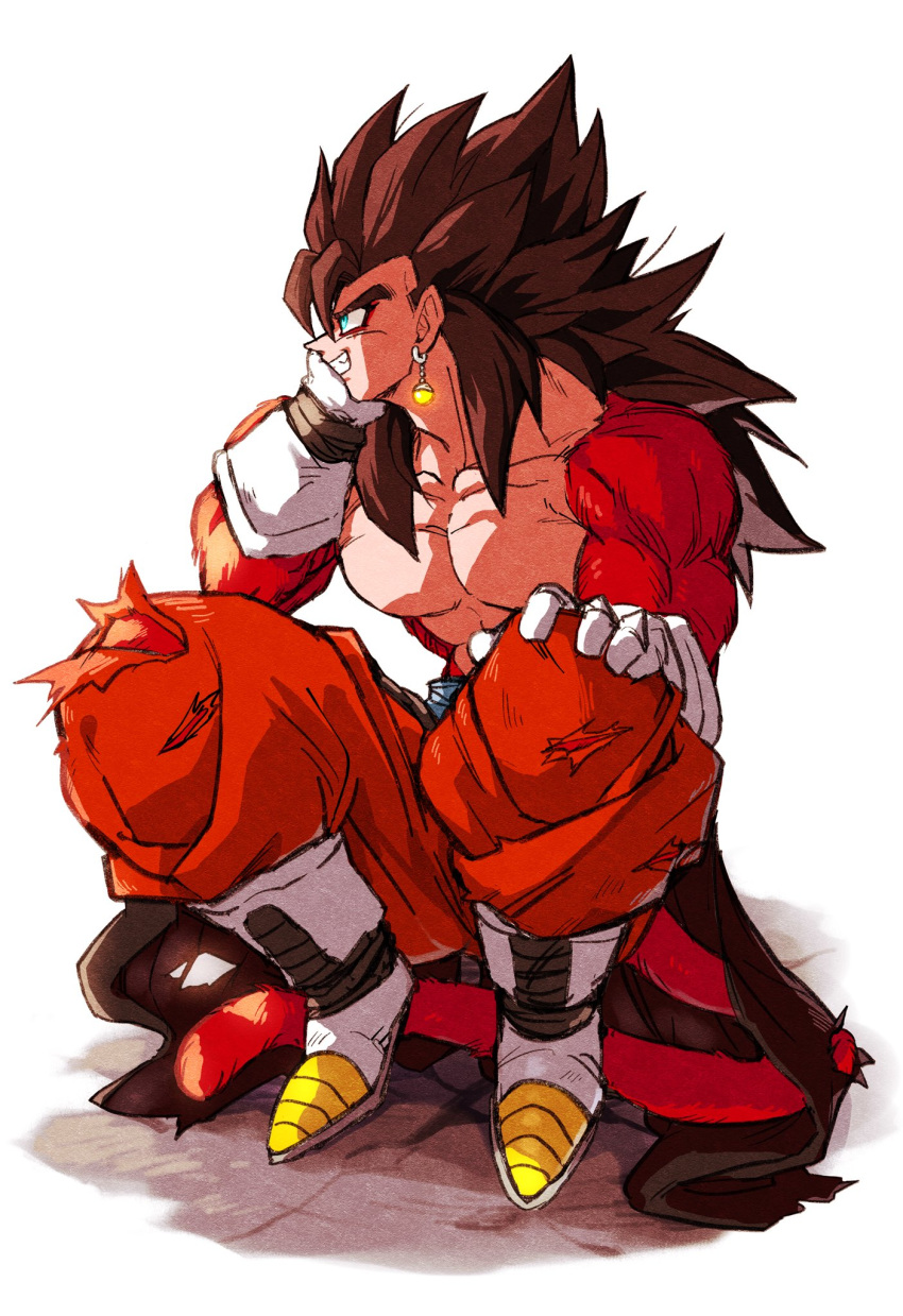 1boy bangs bare_pecs biceps black_hair blue_eyes dragon_ball dragon_ball_heroes earrings fusion gloves grin highres jewelry monkey_boy monkey_tail muscular muscular_male no_nipples pants potara_earrings red_fur red_pants relio_db318 simple_background smile spiked_hair super_saiyan super_saiyan_4 tail teeth torn_clothes vegetto vegetto_(xeno) white_gloves white_legwear