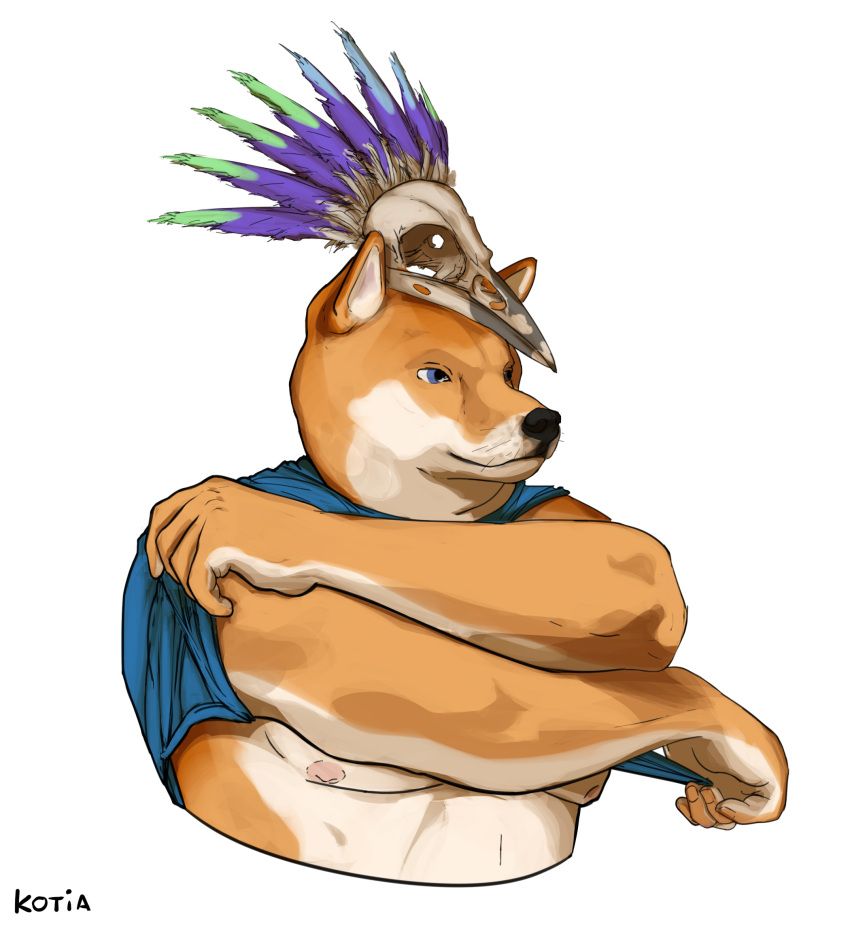 anthro bone canid canine canis clothed clothing clothing_lift domestic_dog feathers fingers fur headgear headwear hi_res kotia male mammal muscular muscular_anthro muscular_male nipples pecs raised_clothing raised_shirt raised_topwear shiba_inu shirt shirt_lift shirt_up shirtless_male simple_background skull smile solo spitz t-shirt topwear undressing