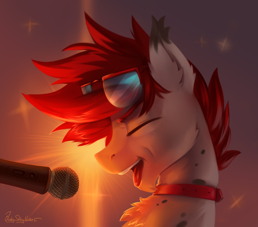 2021 ambiguous_form ambiguous_gender bust_portrait collar english_text equid equine eyes_closed eyewear fan_character fur glasses hasbro hi_res horse inner_ear_fluff jedayskayvoker mammal mane microphone my_little_pony open_mouth pony portrait red_collar red_mane signature singing solo spots spotted_body spotted_fur text tuft white_body white_fur