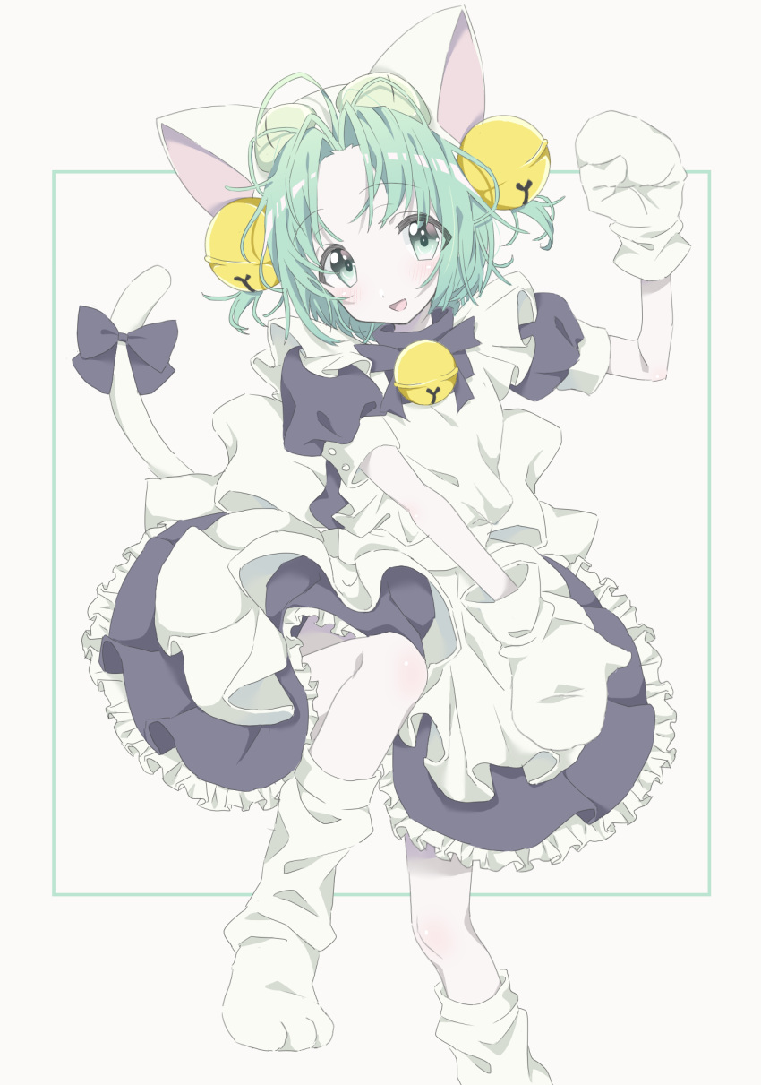 1girl animal_ears animal_hat apron azuki_(ckxs7444) bangs bell blue_dress blue_neckwear bow bowtie cat_hat cat_tail dejiko di_gi_charat dress green_eyes green_hair hat highres jingle_bell leg_up maid_apron neck_bell pale_skin parted_bangs paw_shoes puffy_short_sleeves puffy_sleeves shoes short_sleeves solo tail tail_bow tail_ornament white_background white_footwear white_mittens white_tail