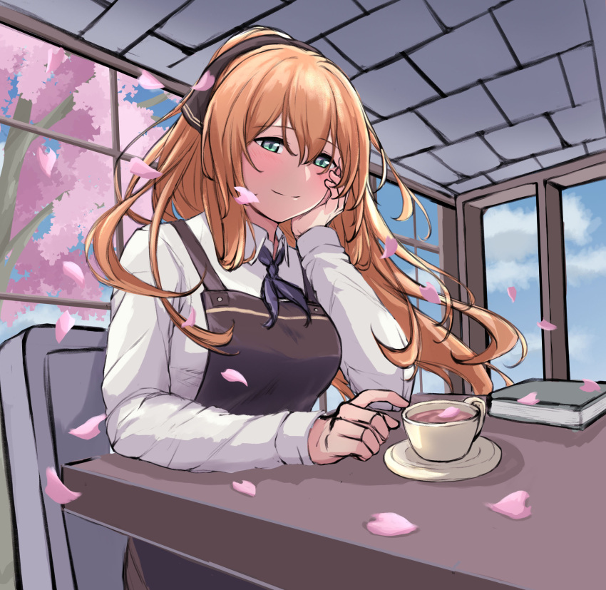 1girl 3_small_spiders absurdres apron bangs blue_neckwear book brown_apron brown_hair chair cherry_blossoms collared_shirt commentary_request cup girls_frontline green_eyes hair_ribbon hand_on_own_cheek hand_on_own_face highres indoors m1903_springfield_(girls_frontline) plate ribbon shirt sitting smile table teacup white_shirt window