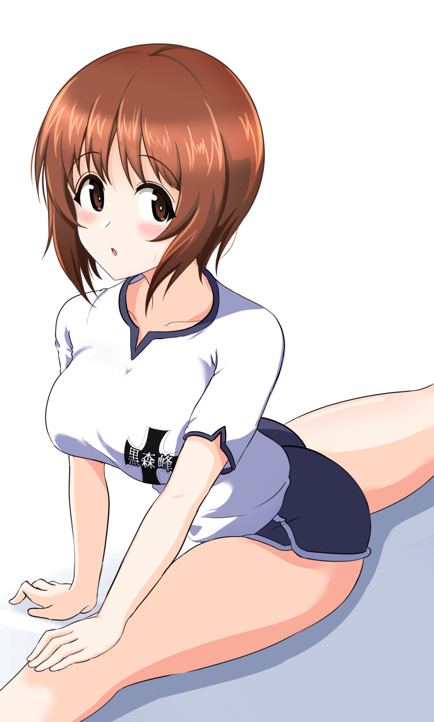 1girl :o absurdres aikir_(jml5160) bangs black_shorts brown_eyes brown_hair commentary dolphin_shorts emblem eyebrows_visible_through_hair girls_und_panzer gym_shirt gym_uniform highres kuromorimine_(emblem) looking_at_viewer nishizumi_miho parted_lips shirt short_hair short_shorts short_sleeves shorts solo split stretch white_shirt