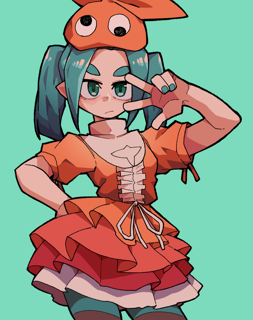 1girl absurdres aqua_eyes aqua_hair bakemonogatari blue_background blue_eyes blue_hair blush character_doll ehfhfh_3712 green_eyes green_hair hat highres monogatari_(series) ononoki_yotsugi orange_headwear solo striped striped_legwear tsukimonogatari v