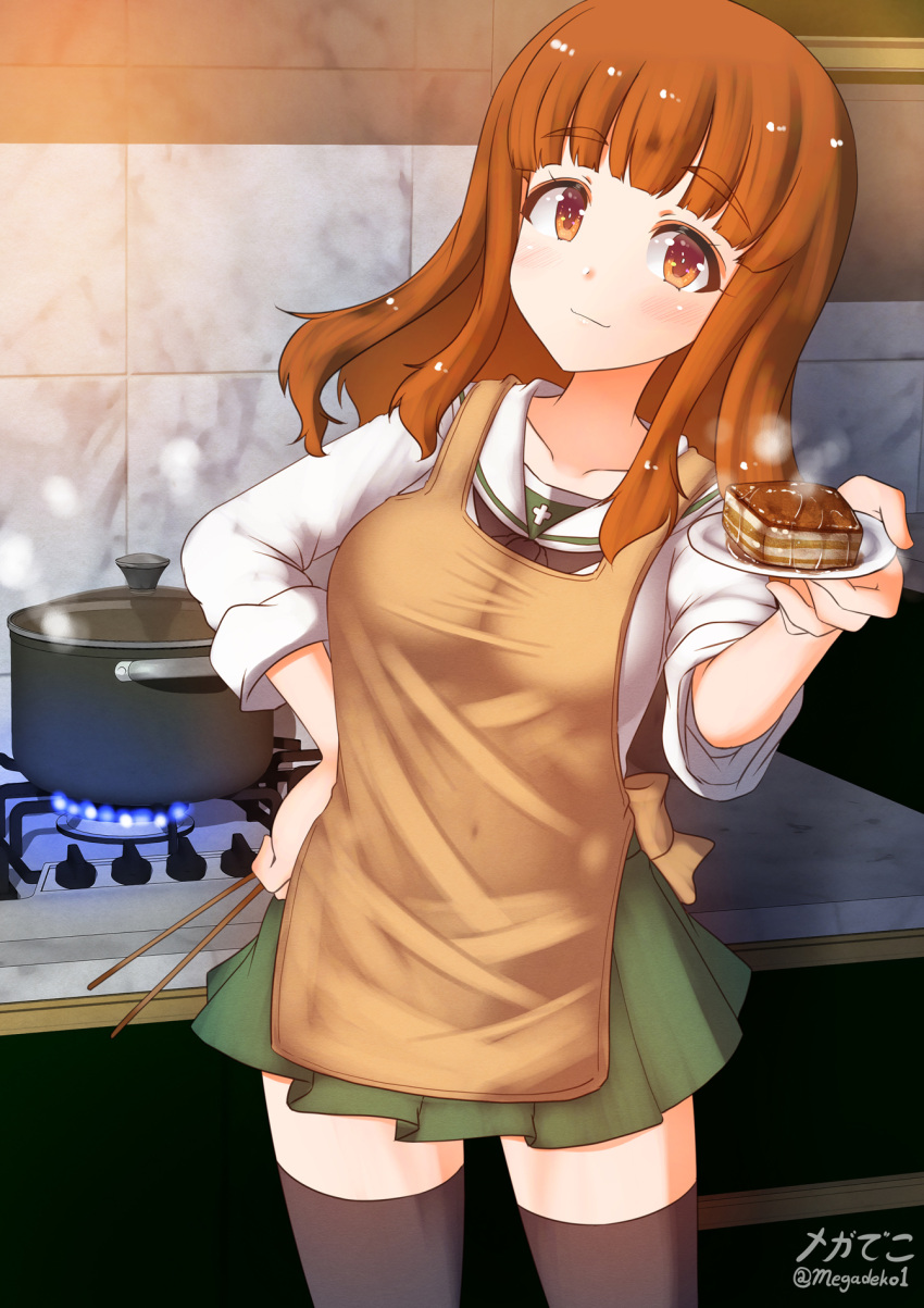 1girl apron aquaegg black_legwear cake casserole food girls_und_panzer highres holding holding_food kitchen long_hair marble ooarai_school_uniform orange_hair pot school_uniform stick stove table takebe_saori thighhighs