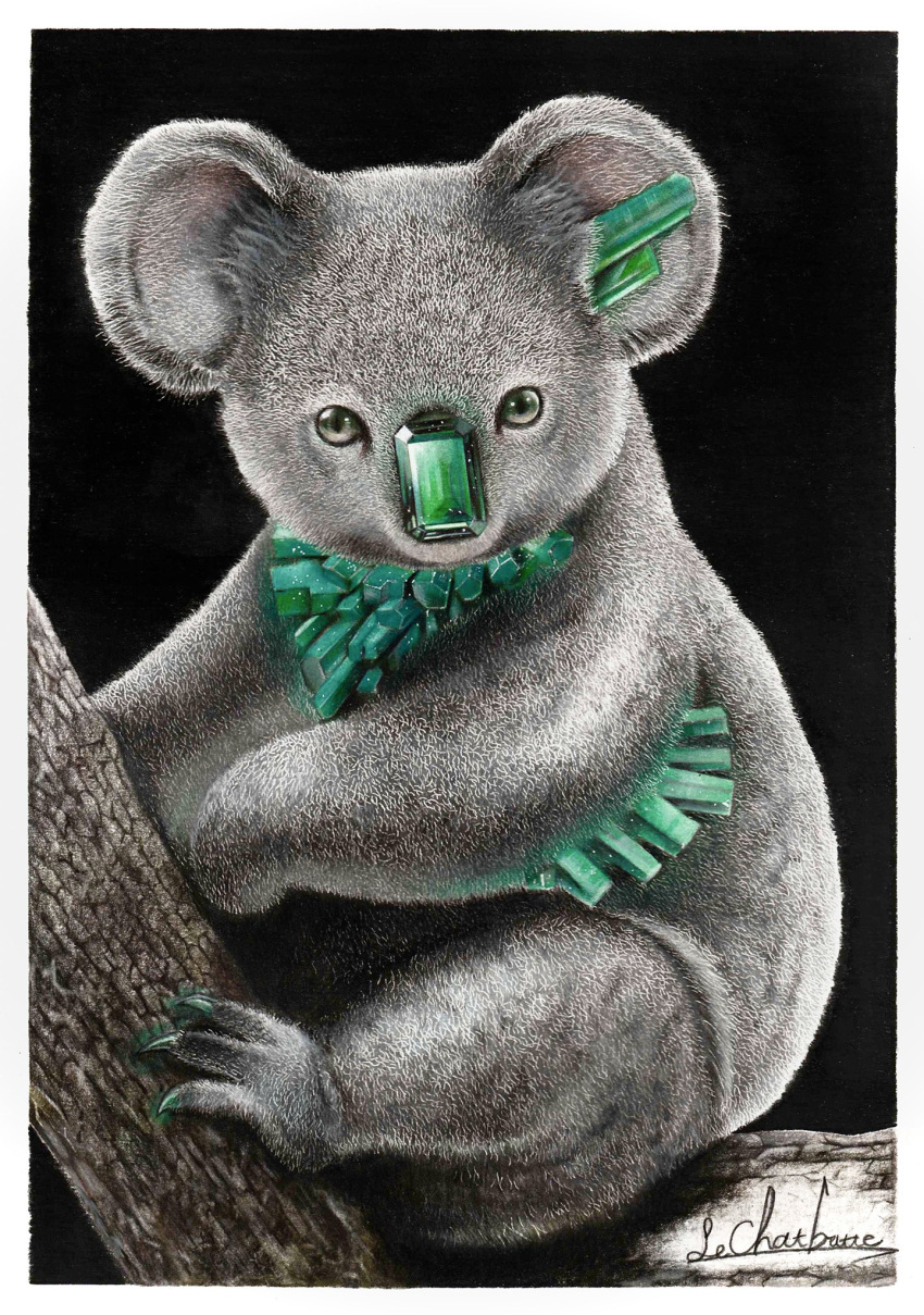 animal_focus black_background colored_pencil_(medium) crystal emerald_(gemstone) erumo_0384 highres koala looking_at_viewer no_humans original simple_background trading_card traditional_media