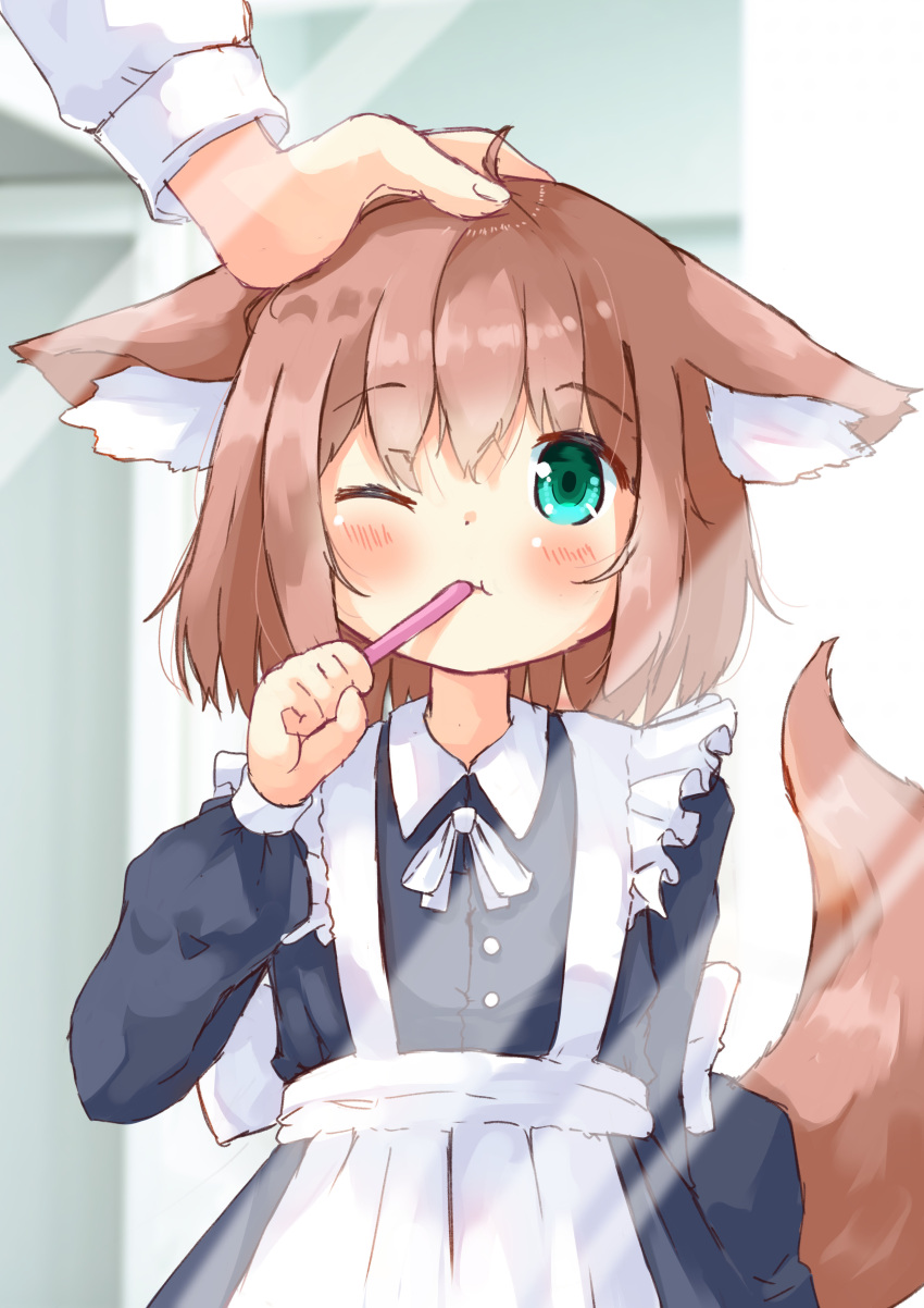 1girl 1other :t absurdres ahoge animal_ear_fluff animal_ears apron bangs blush brown_hair brushing_teeth closed_mouth collared_dress commentary eyebrows_visible_through_hair frilled_apron frills green_eyes hair_between_eyes hand_on_another's_head hand_up highres holding long_sleeves maid manabe_mana one_eye_closed original out_of_frame puffy_long_sleeves puffy_sleeves solo_focus tail tail_raised toothbrush white_apron