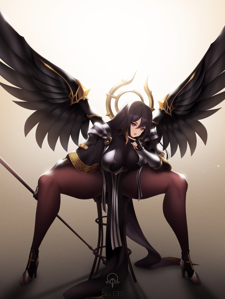 1girl black_dress black_hair black_legwear black_wings breasts dress fingerless_gloves full_body gloves hair_between_eyes high_heels highres large_breasts last_origin looking_at_viewer pantyhose pelvic_curtain red_eyes saraqael_(last_origin) side_slit sitting solo stool thighs toriseru_(thesuperhero) wings