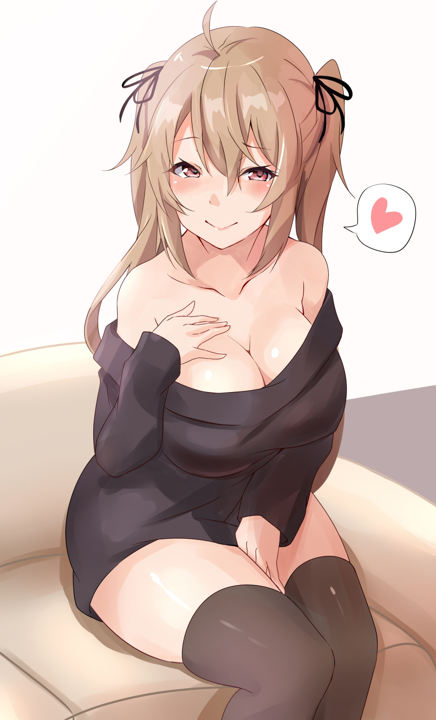 1girl absurdres ahoge black_sweater breasts brown_eyes brown_legwear cleavage closed_eyes collarbone couch dress hair_between_eyes hair_tie hand_on_own_chest heart highres kantai_collection large_breasts light_brown_hair long_hair looking_at_viewer murasame_(kancolle) saku_(kudrove) simple_background sitting smile solo spoken_heart sweater sweater_dress thighhighs twintails very_long_hair white_background