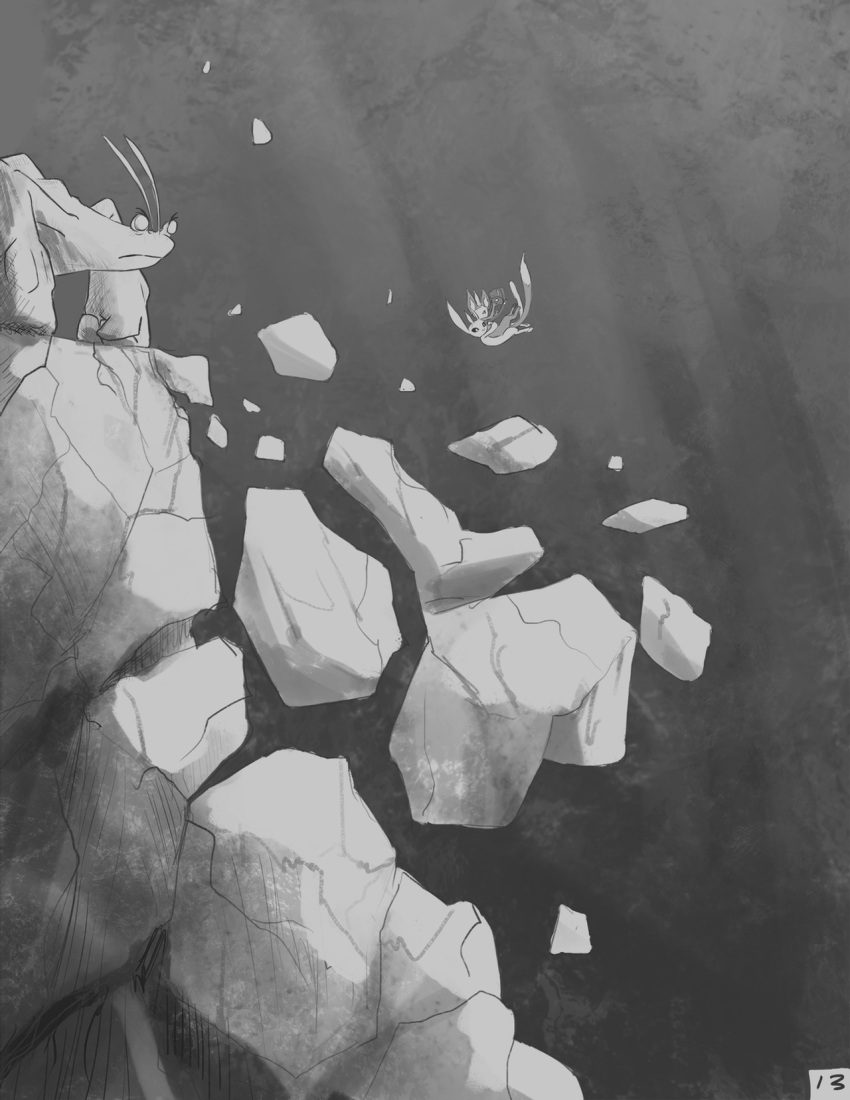 2020 ambiguous_gender amphibian antennae_(anatomy) black_and_white comic digital_media_(artwork) falling fantasy feral guardian_spirit hi_res ming moki_(species) monochrome ori ori_(series) ori_and_the_blind_forest ori_and_the_will_of_the_wisps rock semi-anthro shupamikey size_difference video_games
