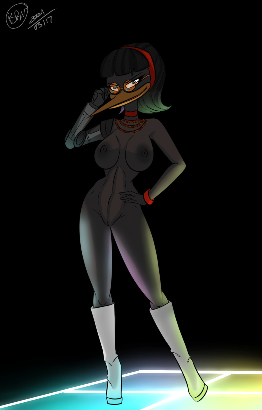 2021 accessory anthro avian big_breasts bird black_background black_body black_feathers black_hair black_heron black_heron_(ducktales) boots breasts bunbunmuffins clothing disney ducktales ducktales_(2017) egretta eyewear feathers female footwear genitals glasses hair headband heron hi_res inverted_nipples jewelry looking_at_viewer necklace nipples pelecaniform prosthetic prosthetic_arm prosthetic_limb pussy simple_background solo