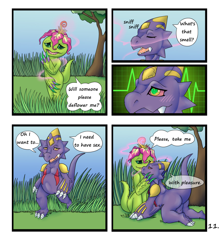 absurd_res balls blush bulge comic digimon digimon_(species) erection female genitals hi_res male male/female monodramon p.v.su palmon pheromones vee_stitch