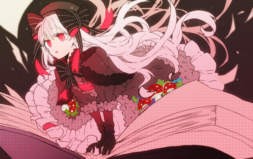 1girl bangs black_bow black_capelet black_dress black_gloves black_headwear book bow capelet doll_joints dress eiku eyebrows_visible_through_hair fate_(series) frills fur-trimmed_capelet fur-trimmed_skirt fur_trim gloves gothic_lolita hat joints layered_skirt lolita_fashion long_hair long_sleeves mushroom nursery_rhyme_(fate) open_book parted_lips red_eyes skirt solo striped striped_bow very_long_hair white_hair