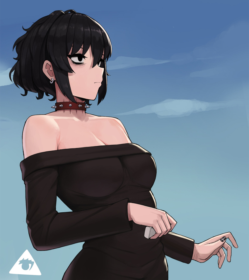 1girl bags_under_eyes black_dress black_hair black_lagoon black_nails blue_sky breasts cleavage collar collarbone day donburi_(donburikazoku) dress earrings electrolarynx fingernails highres jewelry large_breasts long_sleeves nail_polish no_bra off-shoulder_dress off_shoulder sawyer_the_cleaner scar_on_neck short_hair sky solo spiked_collar spikes sweater sweater_dress