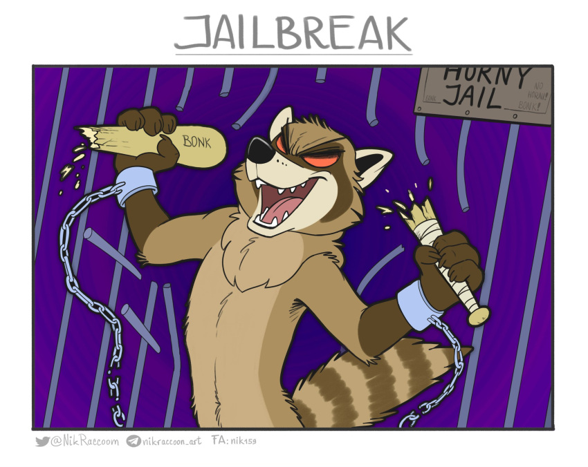 2021 anthro bat_(object) breaking chain chained comic digital_drawing_(artwork) digital_media_(artwork) english_text escape go_to_horny_jail hi_res holding_object humor male mammal meme nik159 nik_(nik159) open_mouth open_smile powerful prison procyonid raccoon red_sclera smile solo text url wrist_cuff