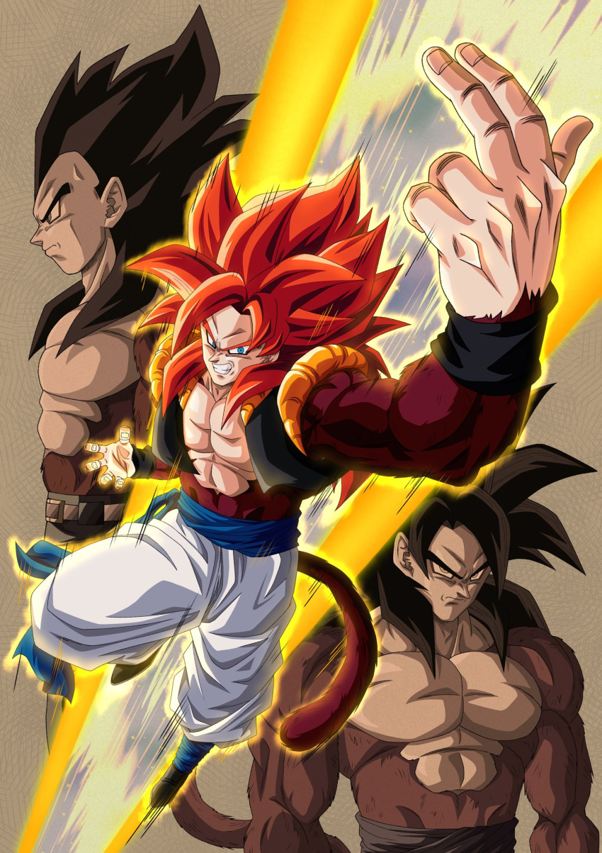 3boys bare_pecs biceps black_footwear black_hair blue_eyes dragon_ball dragon_ball_gt from_side frown fusion fusion_dance gogeta highres metamoran_vest mocky_art monkey_boy multiple_boys muscular muscular_male no_nipples pants red_fur red_hair saiyan smirk son_goku spiked_hair super_saiyan super_saiyan_4 teeth vegeta white_pants