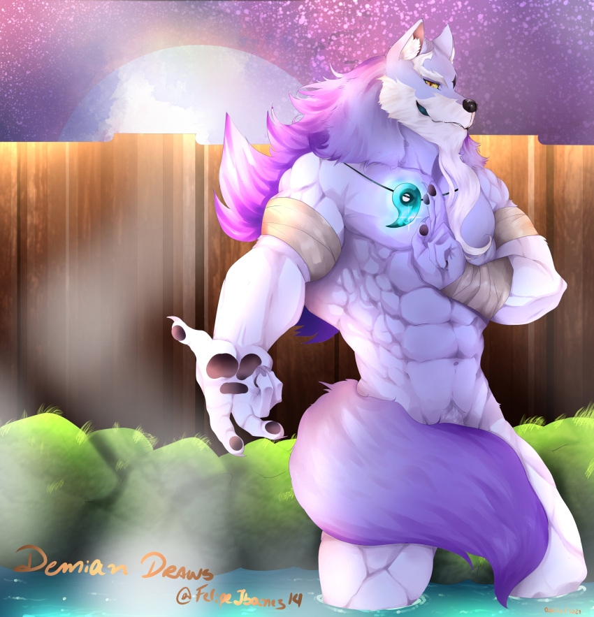 2021 5_fingers abs absurd_res anthro beard biceps black_nose canid canine canis facial_hair felipeibanez14 fence fingers fur grey_body grey_fur hi_res humanoid_hands law_(sdorica_sunset) magatama male mammal muscular muscular_anthro muscular_male muscular_thighs night nude pawpads pecs pubes sdorica signature solo standing white_body white_fur wolf wraps wrist_wraps