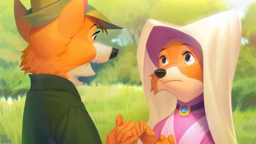 anthro aruurara canid canine cheek_tuft clothed clothing day detailed_background disney eye_contact facial_tuft female fox fur grass group hand_holding headgear headwear hi_res light lighting looking_at_another maid_marian male mammal open_mouth orange_body orange_fur outside plant robin_hood robin_hood_(disney) signature tuft