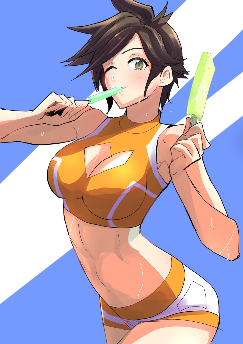 absurdres black_hair breasts brown_eyes clash_kuro_neko cleavage cleavage_cutout clothing_cutout food food_in_mouth heart_cutout highres hot looking_at_viewer medium_breasts navel one_eye_closed orange_shorts overwatch popsicle short_hair short_shorts shorts spiked_hair sweat toned tracer_(overwatch)