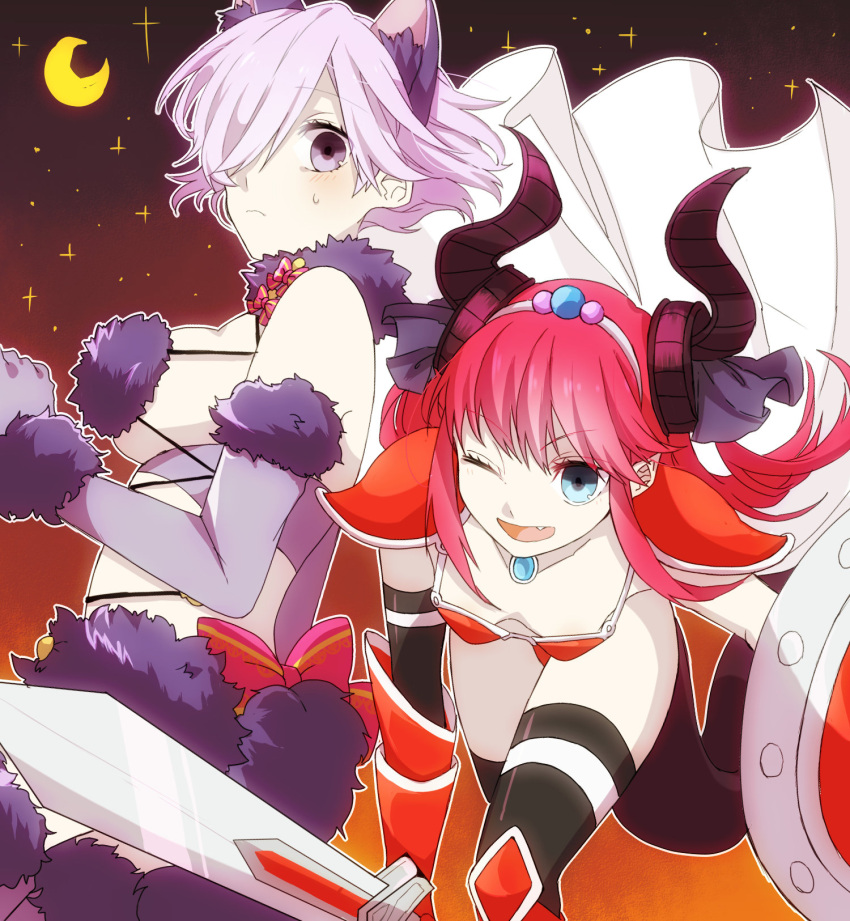 2girls animal_ear_fluff animal_ears bangs blue_eyes blush breasts cape cat_ears crescent_moon dangerous_beast dragon_horns eiku elbow_gloves elizabeth_bathory_(brave)_(fate) elizabeth_bathory_(fate)_(all) fang fate/grand_order fate_(series) fur-trimmed_gloves fur_trim gloves hair_over_one_eye hair_ribbon halloween_costume highres horns looking_at_viewer mash_kyrielight moon multiple_girls one_eye_closed pointy_ears purple_eyes purple_hair purple_ribbon red_hair ribbon shield sparkle sweatdrop sword tail thighhighs two_side_up weapon white_cape