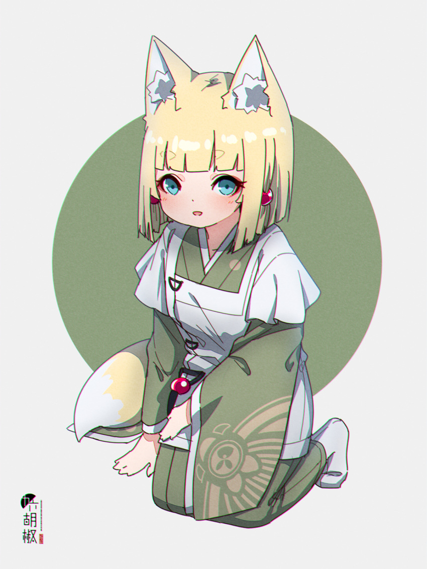 1girl :d animal_ear_fluff animal_ears apron arm_support bangs blonde_hair blue_eyes blush chromatic_aberration commentary_request eyebrows_visible_through_hair fox_ears fox_girl fox_tail full_body green_background green_kimono grey_background highres japanese_clothes kimono kneeling kuro-chan_(kuro_kosyou) kuro_kosyou long_sleeves looking_at_viewer no_shoes open_mouth original short_eyebrows sleeves_past_wrists smile socks solo tail thick_eyebrows two-tone_background white_apron white_legwear wide_sleeves
