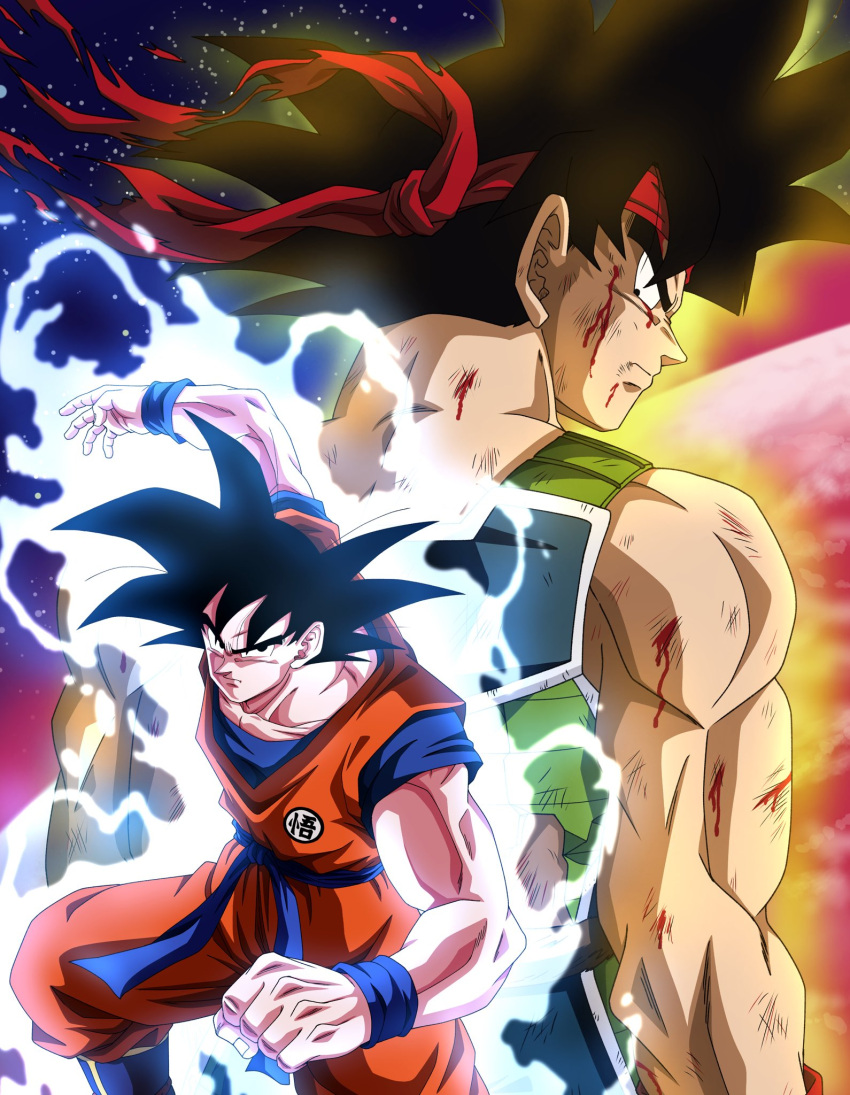 armor bandana bardock biceps black_hair blood blood_on_face broken_armor bruise dougi dragon_ball dragon_ball_z headband highres injury mocky_art monkey_tail muscular muscular_male pants red_headband saiyan saiyan_armor scratches son_goku spiked_hair tail