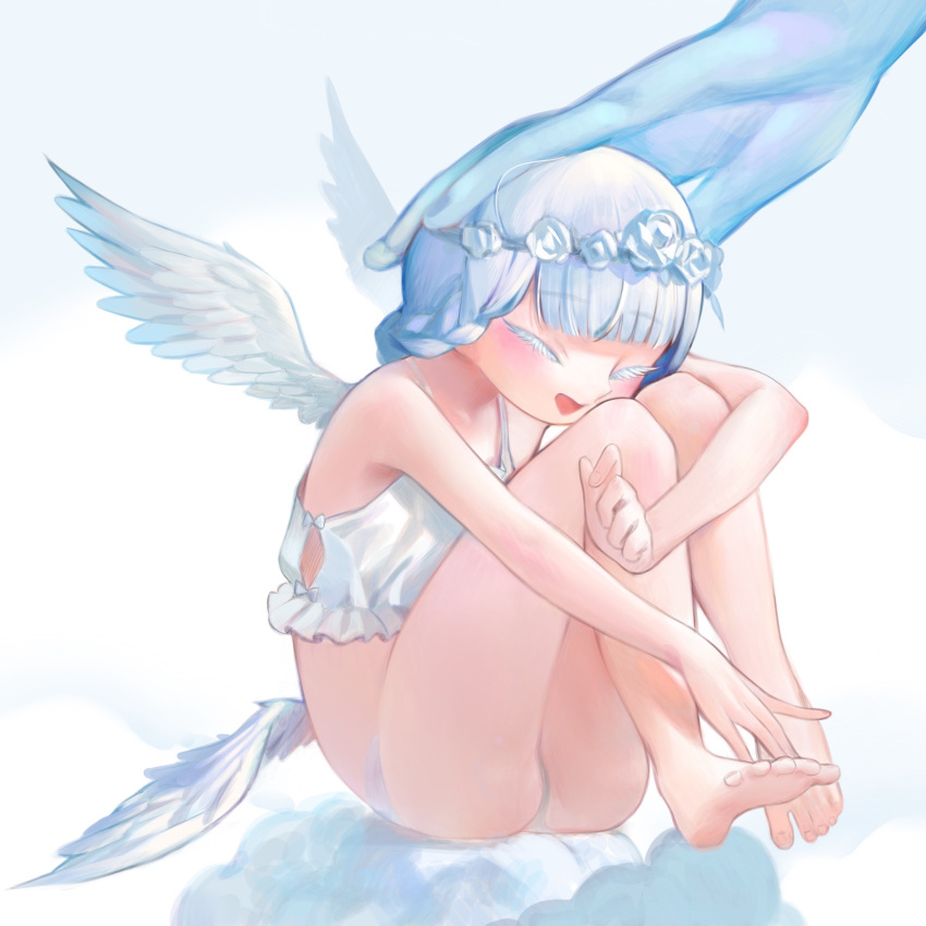 1girl angel ass bangs bare_shoulders barefoot blue_background blue_hair blush braid camisole closed_eyes cloud collarbone colored_eyelashes commentary_request crop_top disembodied_limb eyebrows_visible_through_hair feathered_wings feet flower flower_wreath full_body hand_on_another's_head happy highres jpeg_artifacts kaede_(shijie_heping) knees_up leg_hug multiple_wings open_mouth original panties petting rose short_hair simple_background sitting smile solo_focus spaghetti_strap tied_hair underwear underwear_only white_flower white_panties white_rose white_wings wings