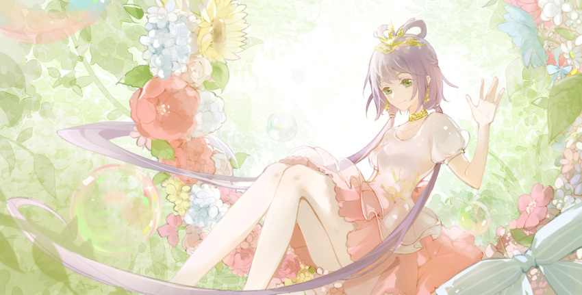 1girl blue_flower bubble commentary dress earrings flower green_eyes hair_rings hand_up highres jewelry long_hair looking_at_viewer luo_tianyi miqing necklace pink_skirt purple_hair red_flower sitting skirt smile solo tiara twintails very_long_hair vocaloid vsinger waving white_dress yellow_flower