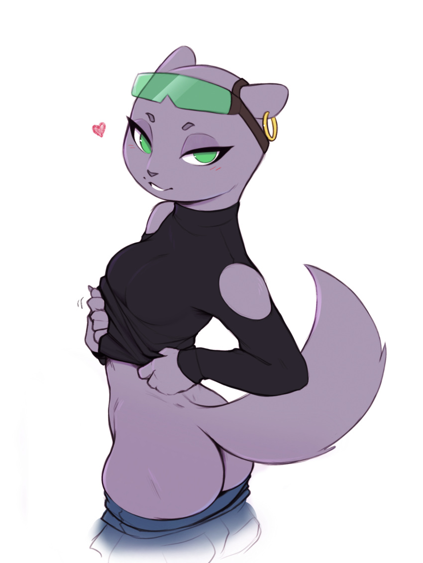 &lt;3 absurd_res anime anthro brand_new_animal butt clothed clothing dimples_of_venus ear_piercing ears_back female fur green_eyes grey_body grey_fur hi_res looking_at_viewer mammal marie_itami mink mustelid musteline pants_down partially_clothed piercing pivoted_ears pudgeruffian solo studio_trigger true_musteline turtleneck undressing